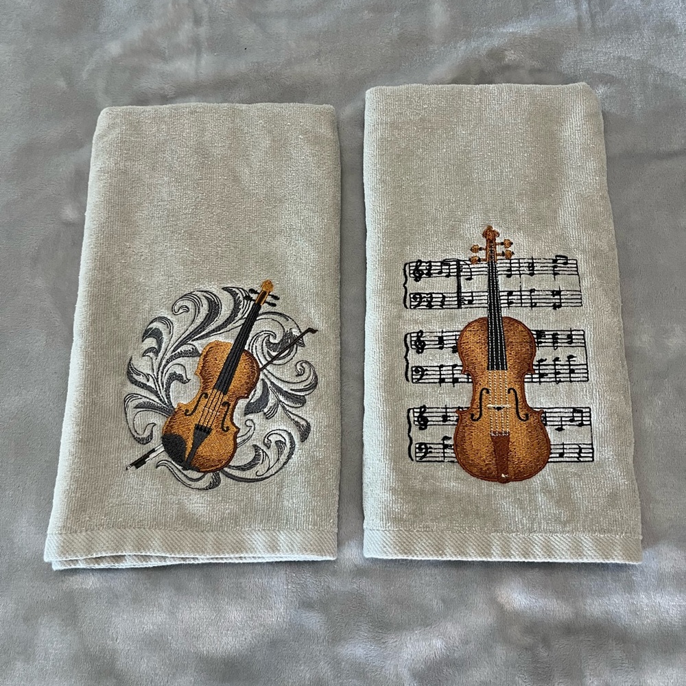 Violin theme embroidered pair of hand hand towels Handcrafted.